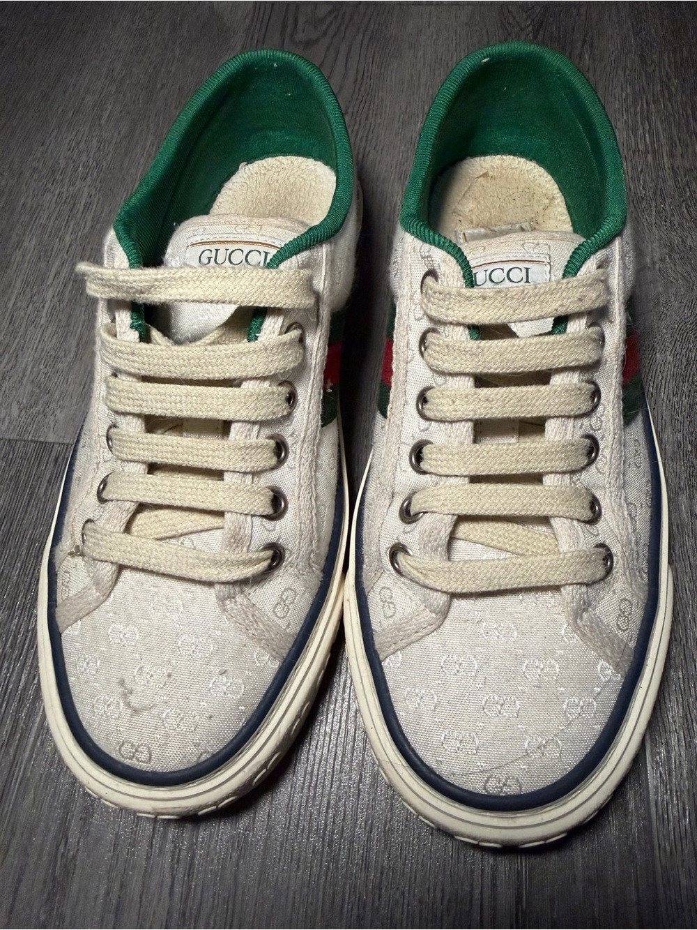 Gucci Cream Canvas Sneakers with Green Interior and Red/Green Web